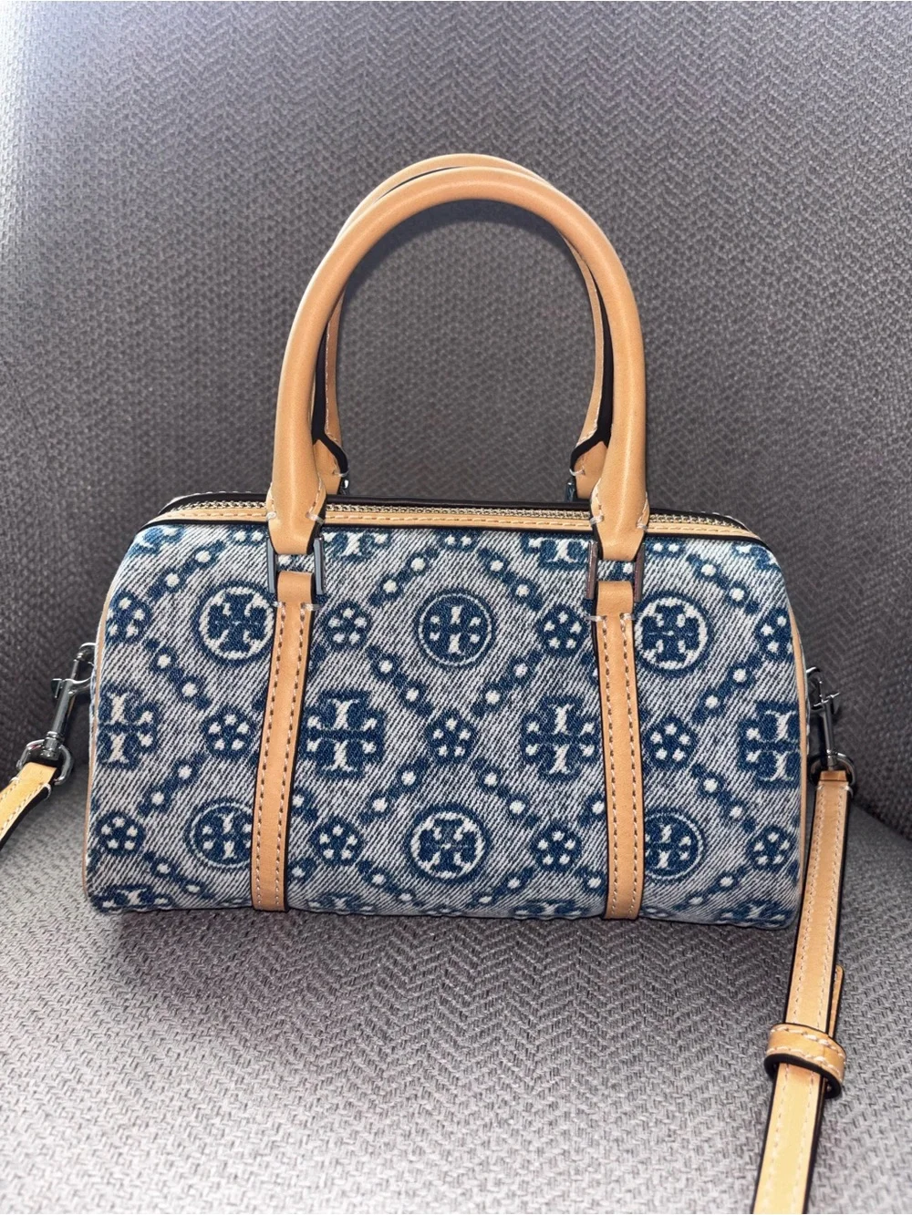 Tory Burch T Monogram Denim Mini Barrel Bag
